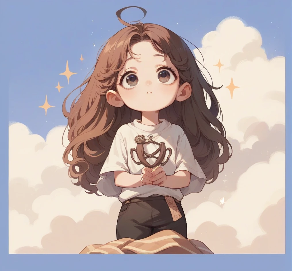 Please create a four-eyed girl with long dark curly hair,looking up at the sky,hands clasped in prayer