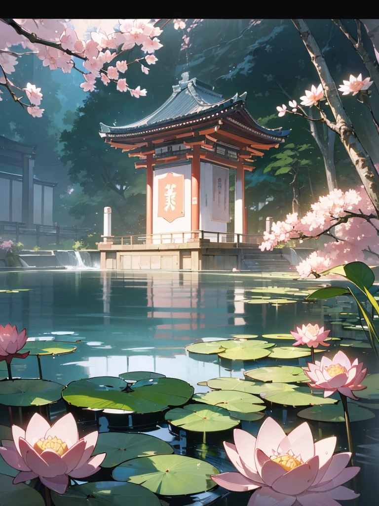 (((best quality, sharp image, clear image, cinematic lighting, 8k resolution, masterpiece, ultra detailed))) ((japanese temple)), waterfall, landscape, sakura blossom in foreground, (water lilies in water), green bushes.