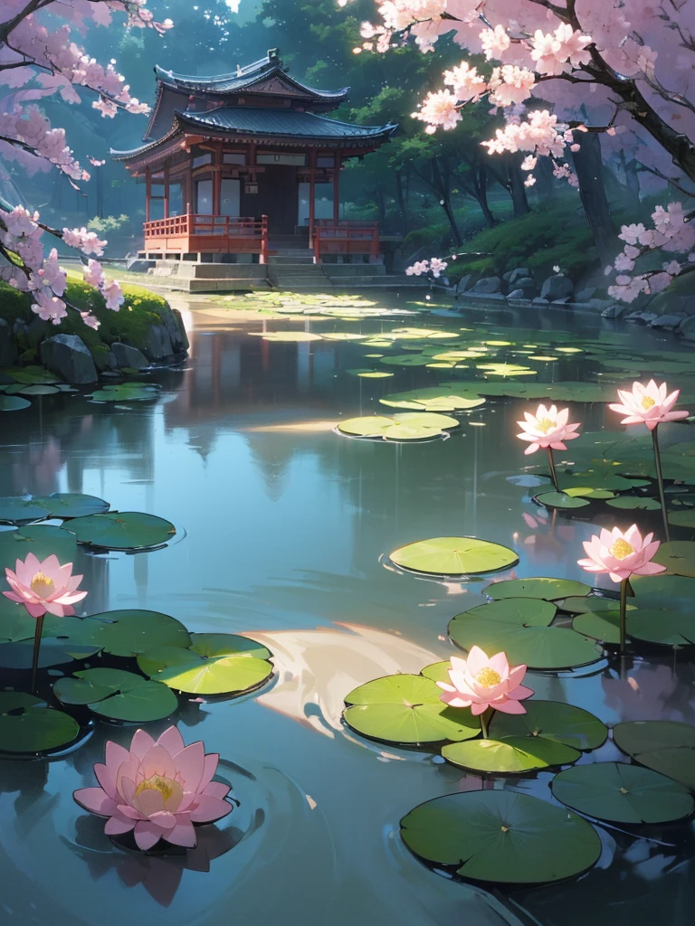 (((best quality, sharp image, clear image, cinematic lighting, 8k resolution, masterpiece, ultra detailed))) ((japanese temple)), waterfall, landscape, sakura blossom in foreground, (water lilies in water), green bushes. 