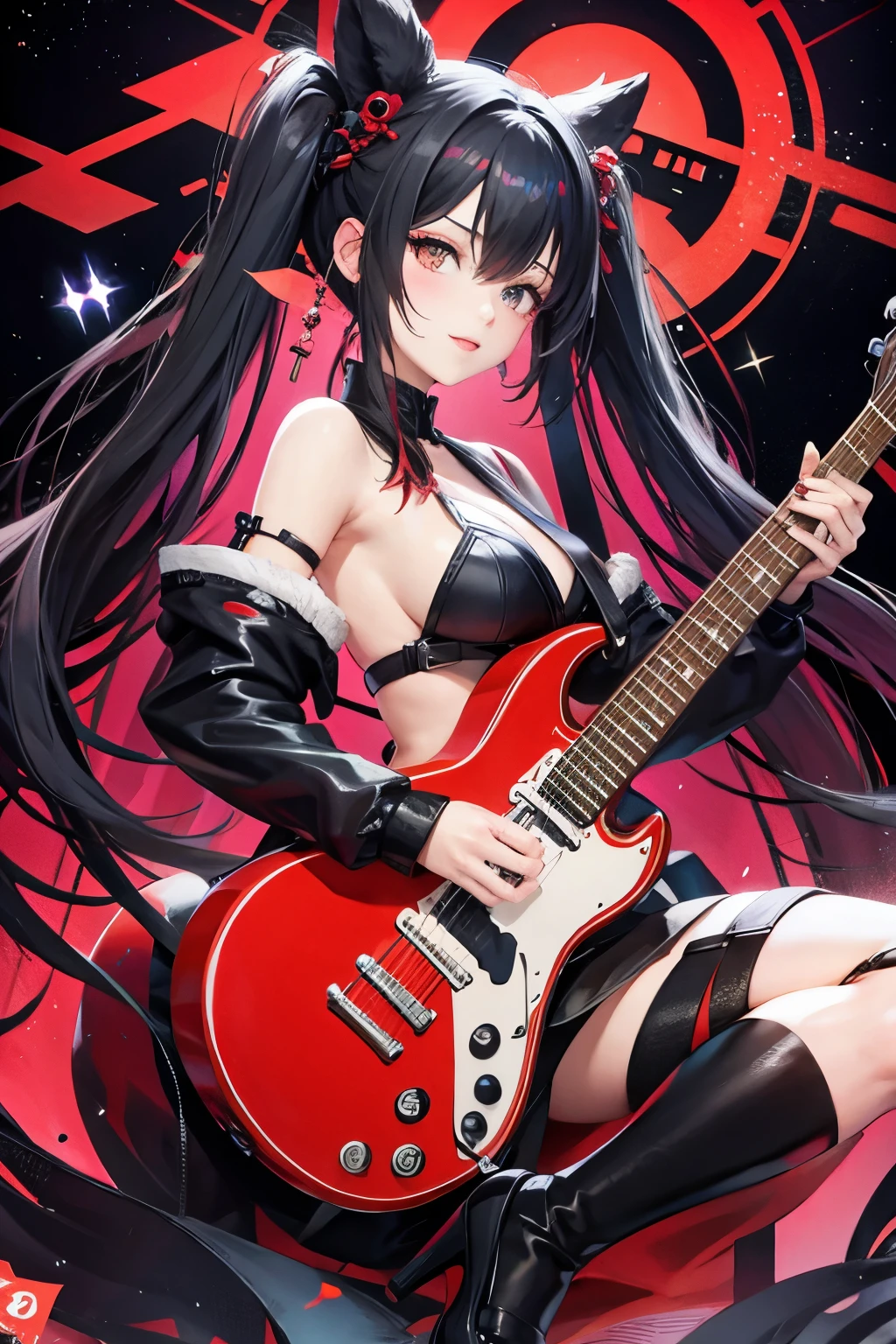 Red and black Twin-tailed bun hair, flashy haori and hakama, high heels, heavy metal, electric guitar, stage