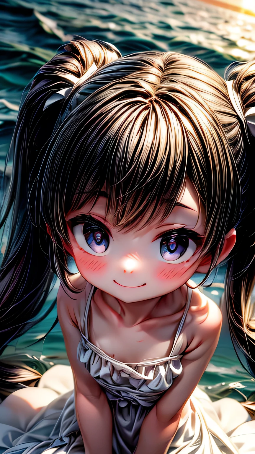 (((Face close-up))), 最high quality, masterpiece, , ,short, Huge breasts, Black Hair,Low twin tails, Black eyes, Yukinecris, Thin twin tails,, Beach, Ocean, White Dress, White Skirt, White dress, (((shy))), (Happy), Leaning forward, summer, From above, Reaching out, smile, masterpiece, 最high quality, high quality, High resolution､ ((smile)), smileで､((Random pose))､(((Face close-up)))