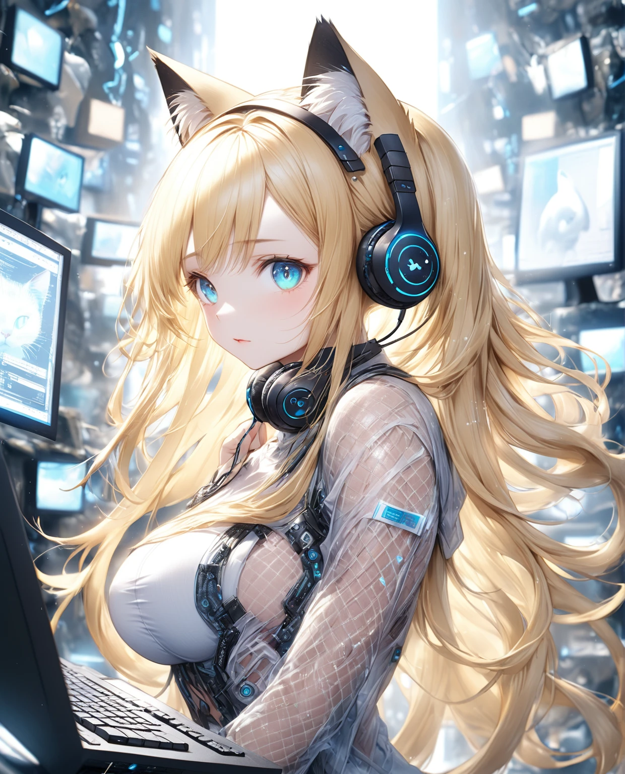(Highest quality,8k,32K,masterpiece,Ultra-high resolution :1.2 ),born,One girl,Super cute,Natural light,Clear, shining eyes,20-year-old,Fair skin,Fantasy background of a computer-like electronic world,Blonde Hair,Hairstyle with some white mesh,Long Hair,Cyber clothes,Wearing headphones with cat ears,The wind is blowing,Vibrant,Cute,Large Breasts