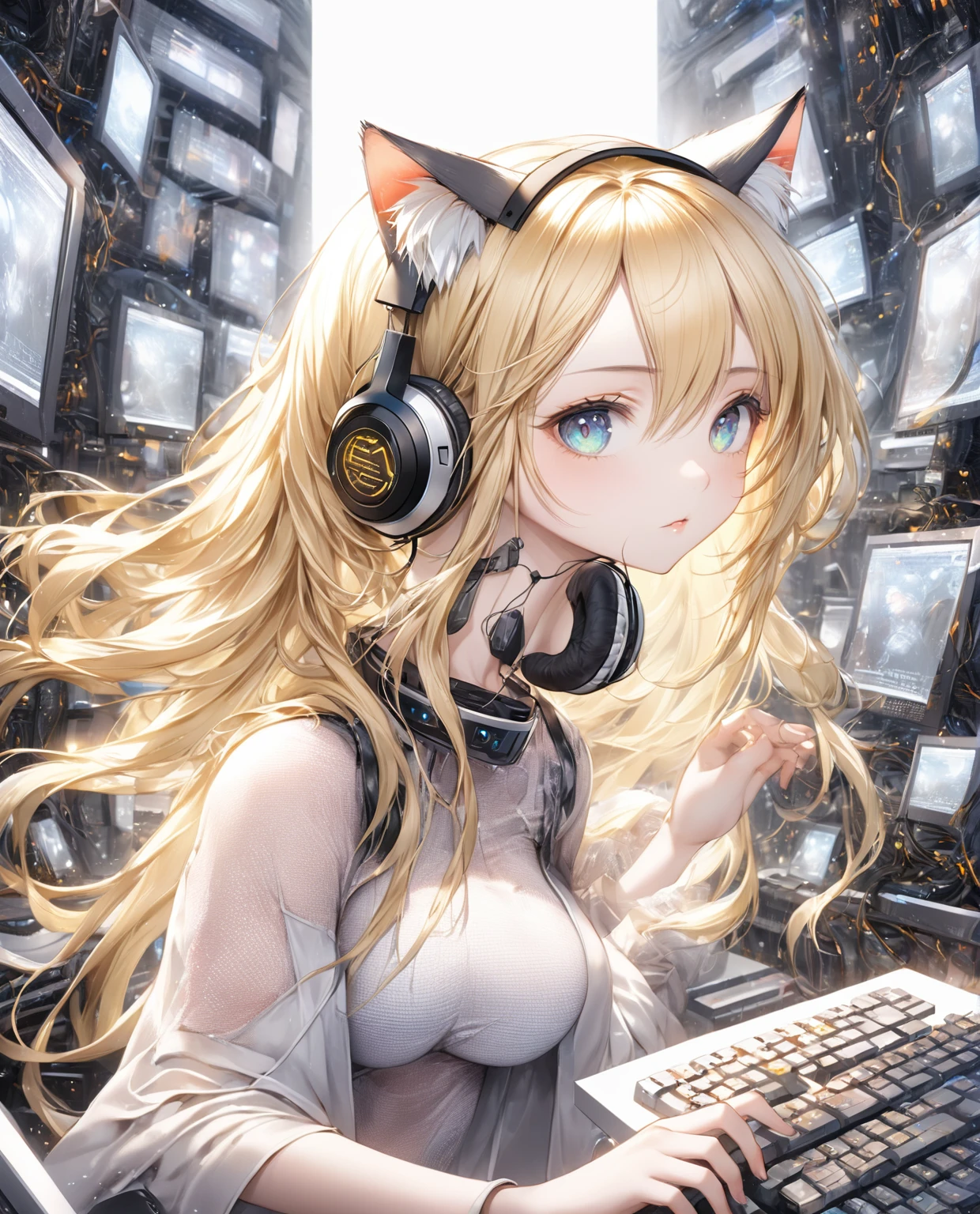 (Highest quality,8k,32K,masterpiece,Ultra-high resolution :1.2 ),born,One girl,Super cute,Natural light,Clear, shining eyes,20-year-old,Fair skin,Fantasy background of a computer-like electronic world,Blonde Hair,Hairstyle with some white mesh,Long Hair,Cyber clothes,Wearing headphones with cat ears,The wind is blowing,Vibrant,Cute,Large Breasts
