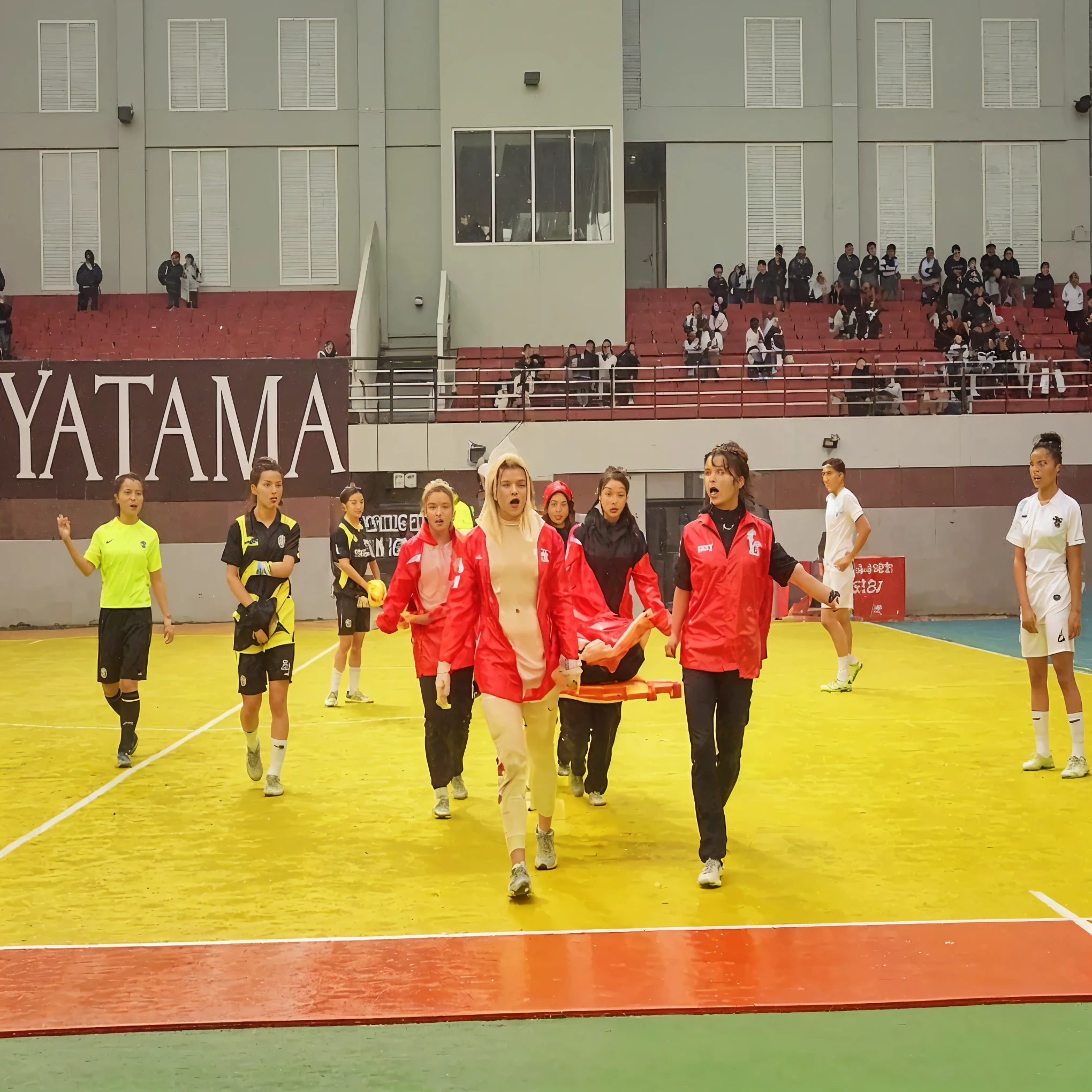 a soccer scene in a chinese sports stadium, rainy weather, wet ground, rainfall, injury scene in a sports stadium, stretcher carry, there are four female medics in wet raincoats who carrying a stretcher, there are four female medics in wet raincoats who are carrying a stretcher in a rainy sports stadium, there is a wounded male soccer player in a matte short cotton sports outfit lying on the stretcher, an injured male soccer player is lying on his back on a stretcher and is rearing up in agony, a soccer player is rearing up in pain while lying on his back on a stretcher, dramatic scene, theatralic posing scene, dramatic pity scene, injury soccer, first aid, help, pity, there are four female medics in shiny raincoats who are looking very sad and very terrified and very shocked, the injured soccer player is screaming out in pain while he is carried from the pitch on a stetcher through the rain