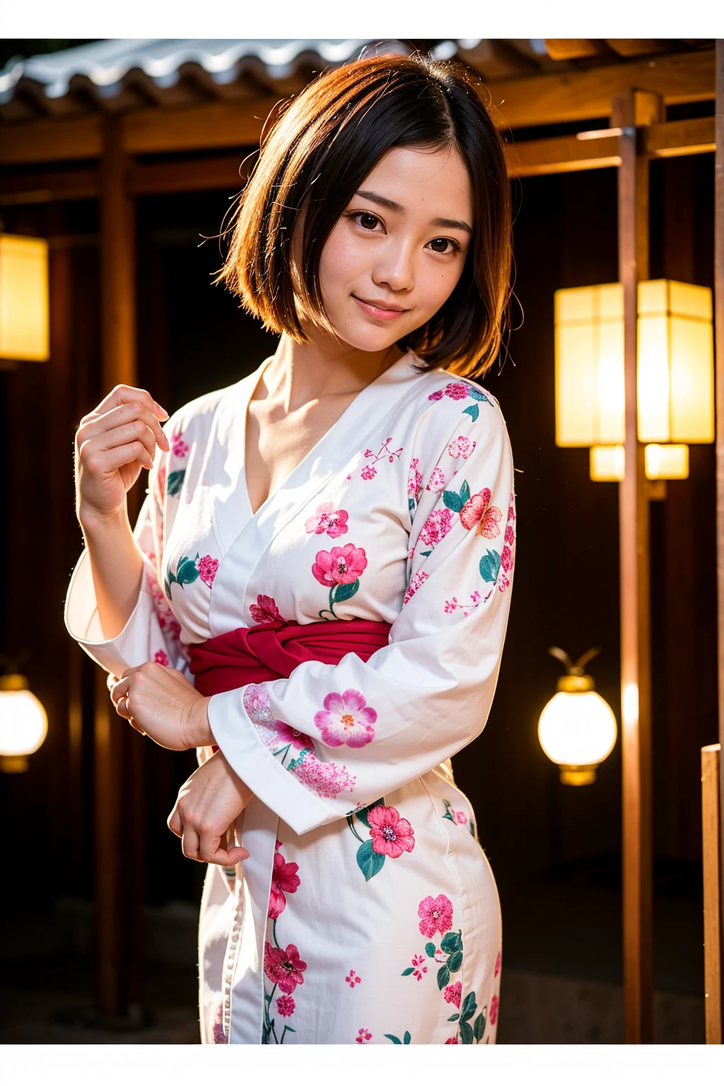 Top quality, A beautiful young woman with very short hair, wearing an elegant yukata adorned with delicate floral patterns. She stands gracefully under a lantern-lit path at a traditional Japanese festival. The soft glow of the lanterns highlights her serene smile and the intricate details of her yukata, creating a captivating and enchanting atmosphere, back pose