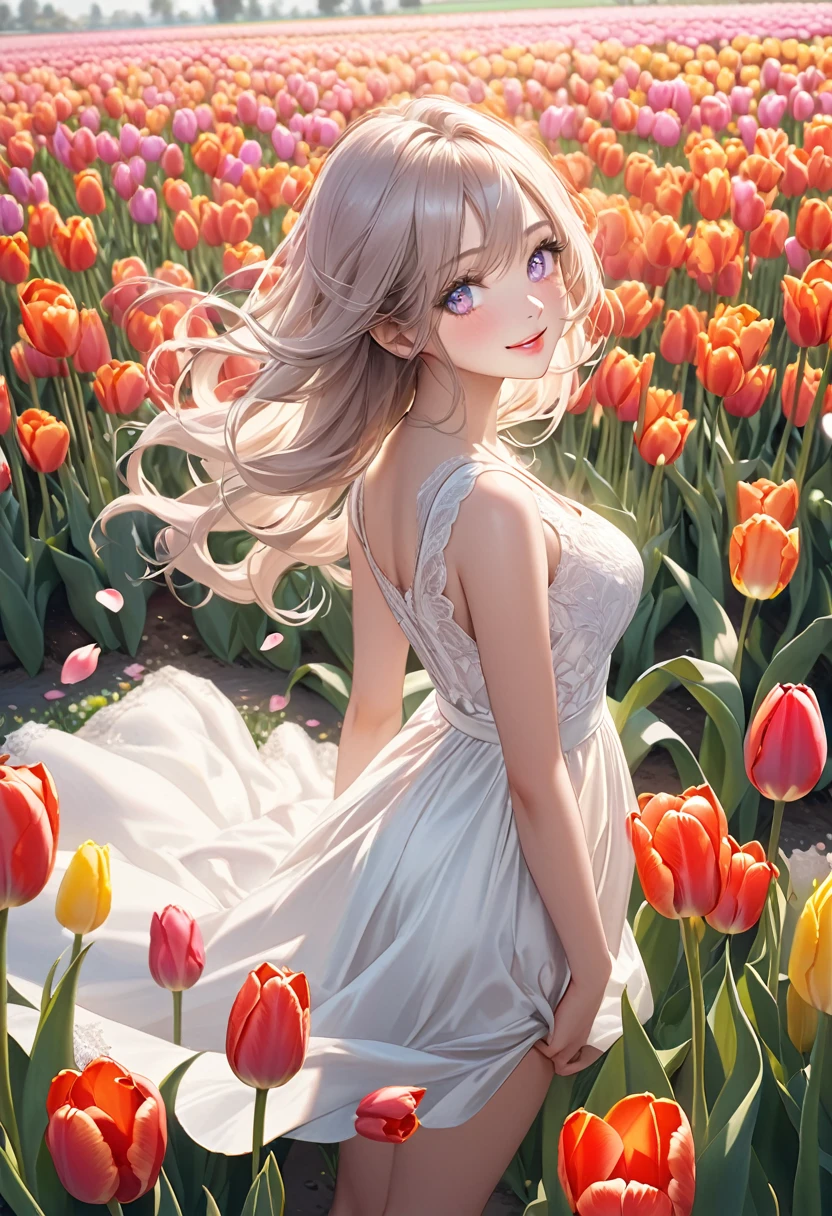 cute girl at colorful tulip fields, windmills, Standing in a beautiful posing, gently smile, flowing hair, beautiful delicate(hair,face,eyes,pupils,white dress,thigh,knee,tulips), sparkling eyes, shining lips, side view, view below, masterpiece:1.2,highest quality, highres, 16k, hyper-realistic, photo realistic:1.37, super detailed, pastel tone, Foreground: petals dancing in the wind at tulip fields