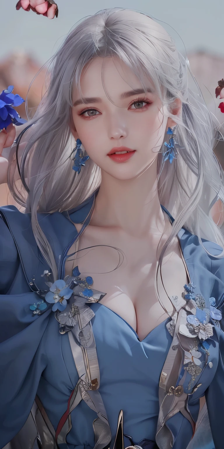 1 woman, all gray hair, red eye, model shooting style, photorealism, masterpiece, diversity, ((perfect face)), clear skin face, The background is the sky and blue flowers, laugh, smart, detailed eye, blue dress, blue diamond earrings, Victorian, sharp_eye