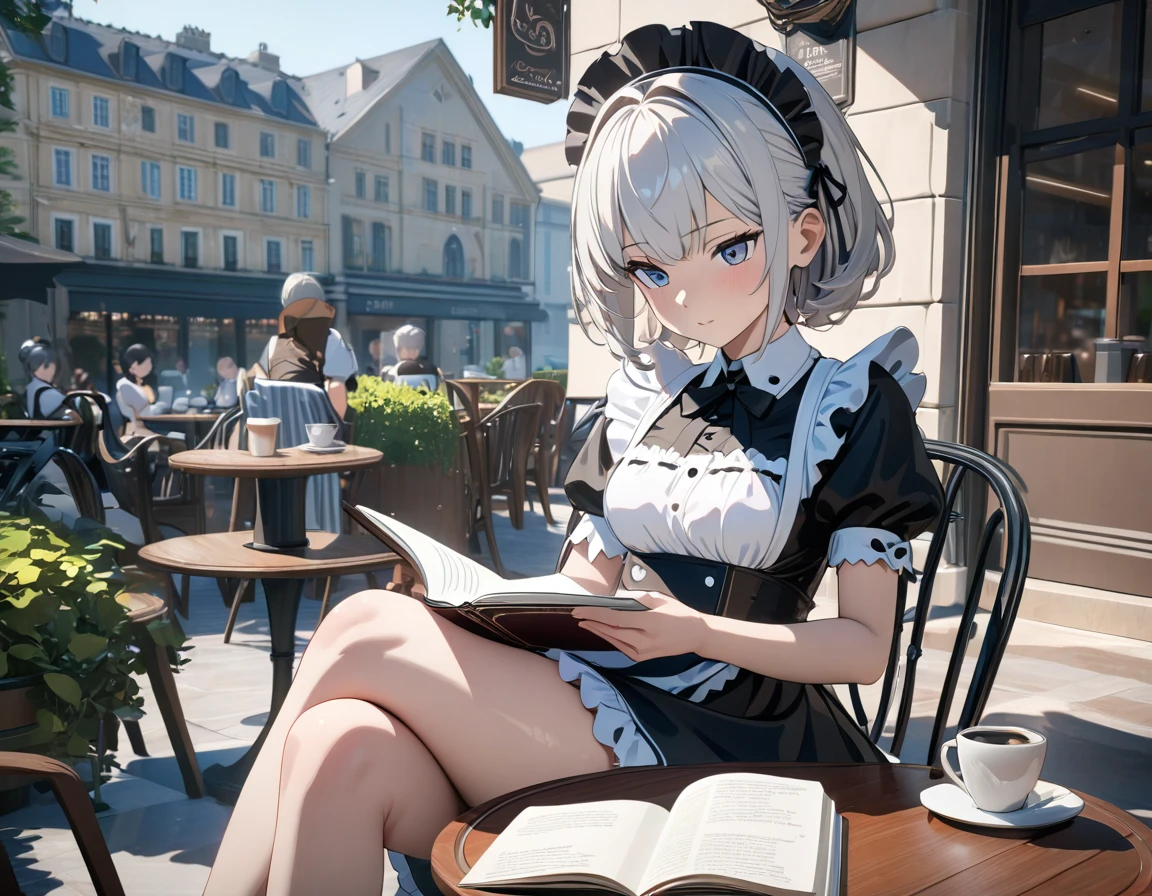 (((Best quality, 8k, Masterpiece: 1.3)), ((best quality)), ((masterpiece)), (detailed), perfect face, A maid girl with short silver hair, A maid costume with frills, high resolution, Textured skin, anime style, Reading on the open terrace of a cafe, a coffee cup is placed on a white round table, reading a cookbook, Legs crossed