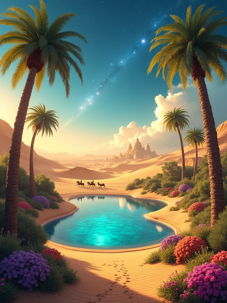 Envision a mystical desert oasis surrounded by golden sand dunes, where an iridescent lake reflects the stars above. Palm trees sway gently in the warm breeze, and vibrant flowers bloom in unexpected colors. In the distance, a caravan of travelers rides on the backs of majestic sand creatures, while shimmering mirages create illusions of distant cities. The atmosphere is enchanting, filled with the promise of adventure and the allure of the unknown.
