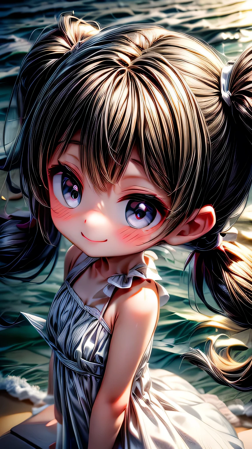 (((Face close-up))), 最high quality, masterpiece, , ,short, Huge breasts, Black Hair,Low twin tails, Black eyes, Yukinecris, Thin twin tails,, Beach, Ocean, White Dress, White Skirt, White dress, (((shy))), (Happy), Leaning forward, summer, From above, Reaching out, smile, masterpiece, 最high quality, high quality, High resolution、 ((smile)), smileで、((Random pose))、(((Face close-up)))