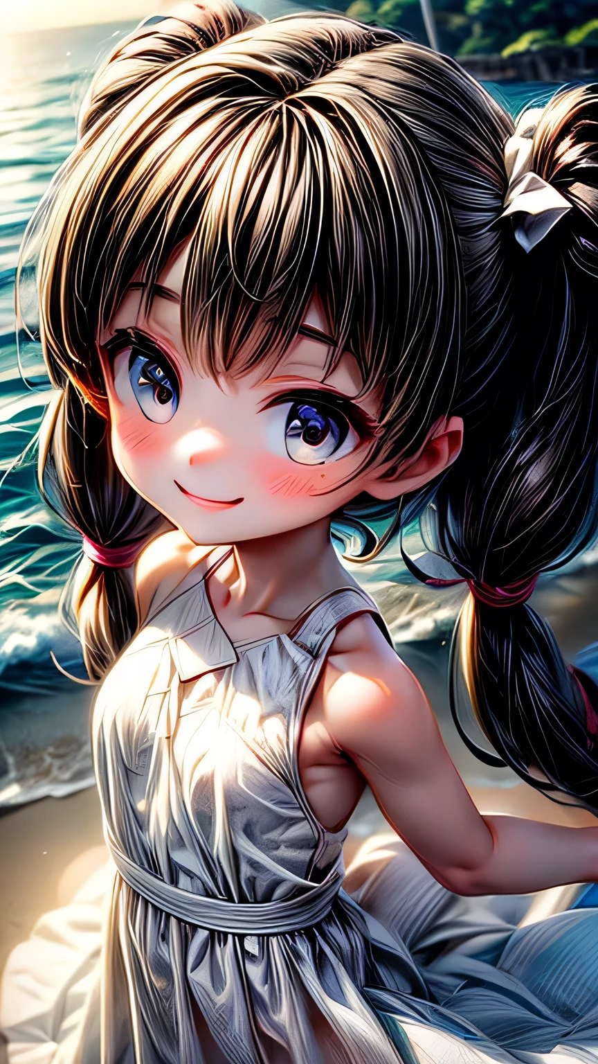 (((Face close-up))), 最high quality, masterpiece, , ,short, Huge breasts, Black Hair,Low twin tails, Black eyes, Yukinecris, Thin twin tails,, Beach, Ocean, White Dress, White Skirt, White dress, (((shy))), (Happy), Leaning forward, summer, From above, Reaching out, smile, masterpiece, 最high quality, high quality, High resolution､ ((smile)), smileで､((Random pose))､(((Face close-up)))