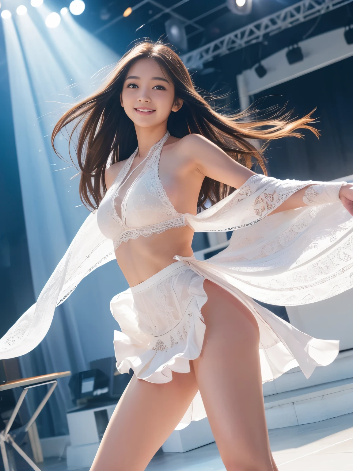 nsfw, Pulling the wind, lifting the wind、、Middle schooible cracks,Highly detaileded face and skin texture,((Exposing shoulders)), double eyelid,Skin whitening,Long Hair,White and long legs, pretty girl, Angle from below、beautifulメイク, detailed, Real, Very detaileded, Amazing, beautiful, Young and energetic, high quality,High resolution, colorful, Dance、Dance Stage、beautiful, Smooth Skin, shawl, Official Art, Extremely detaileded, atmosphere, Soft colors, Natural skin texture, random scene, Random shooting angle, barefoot, Lace hem、An innocent smile、