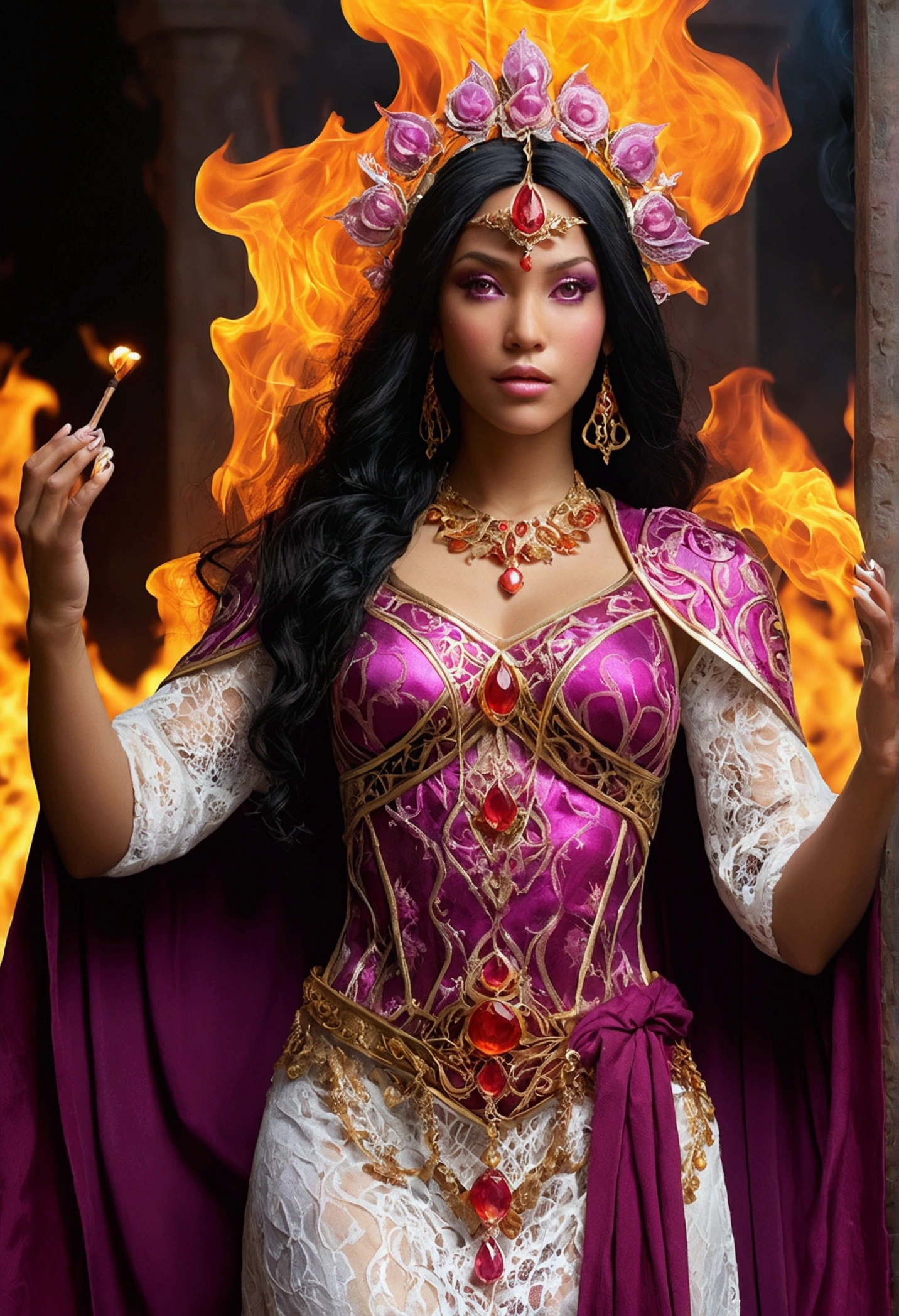 (((Fire Goddess UHD)))Super-Realistic, Standing up showing all of her realistic white and pink lace dress 8K , black hair, first, gilded, cos full cos, Detailed hands with ruby ring, age 38, Mysterious front image ::8, Flowing mantle, Intricate Purple Makeup Patterns ::7, cos ::6, Enchanted Aura, glowing magic ::5, At your card table, Bubbling Potion ::4, Magic ingredients, spell books ::3, gesto de spellcasting ::2, mystical ambient, supernatural presence ::1. Smoke and atmosphere: , 16K.