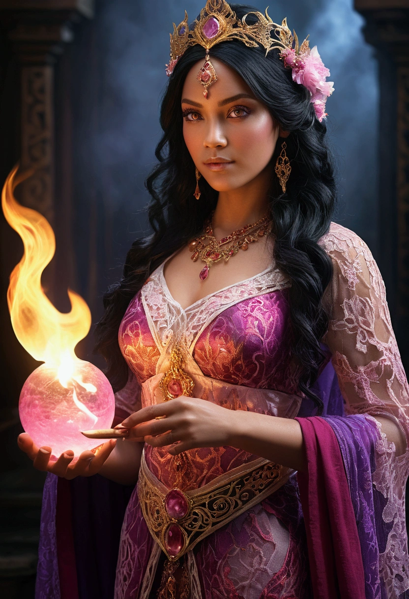 (((Fire Goddess UHD)))Super-Realistic, Standing up showing all of her realistic white and pink lace dress 8K , black hair, first, gilded, cos full cos, Detailed hands with ruby ring, age 38, Mysterious front image ::8, Flowing mantle, Intricate Purple Makeup Patterns ::7, cos ::6, Enchanted Aura, glowing magic ::5, At your card table, Bubbling Potion ::4, Magic ingredients, spell books ::3, gesto de spellcasting ::2, mystical ambient, supernatural presence ::1. Smoke and atmosphere: , 16K.
