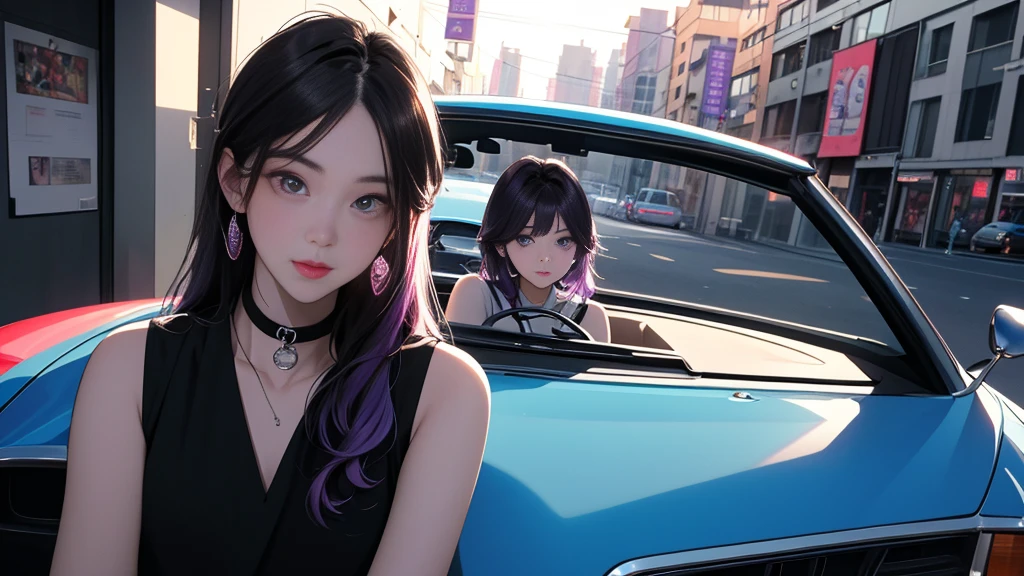 nightの埠頭, {{{nightのネオン}}}, super detailed skin, masterpiece:1.4,  8K resolution, ultra HD, symmetric eyes, Brown Hair、car、Inside the car、carのボンネットに座る女、Beautiful Asian girl with purple hair, city view from the window, Perfect Face, sunglasses, Sleeveless, Neon Black, (Backlight: 1.1), Hard Shadows, masterpiece, Highest quality, Complex, Model shooting style, Vintage, Film Grain,  {{night}},　超精巧なcar,