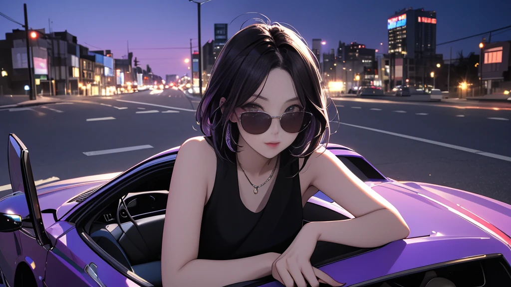 nightの埠頭, {{{nightのネオン}}}, super detailed skin, masterpiece:1.4, 8K resolution, ultra HD, symmetric eyes, Brown Hair、car、Inside the car、carのボンネットに座る女、Beautiful Asian girl with purple hair, city view from the window, Perfect Face, sunglasses, Sleeveless, Neon Black, (Backlight: 1.1), Hard Shadows, masterpiece, Highest quality, Complex, Model shooting style, Vintage, Film Grain, {{night}}, 超精巧なcar,
