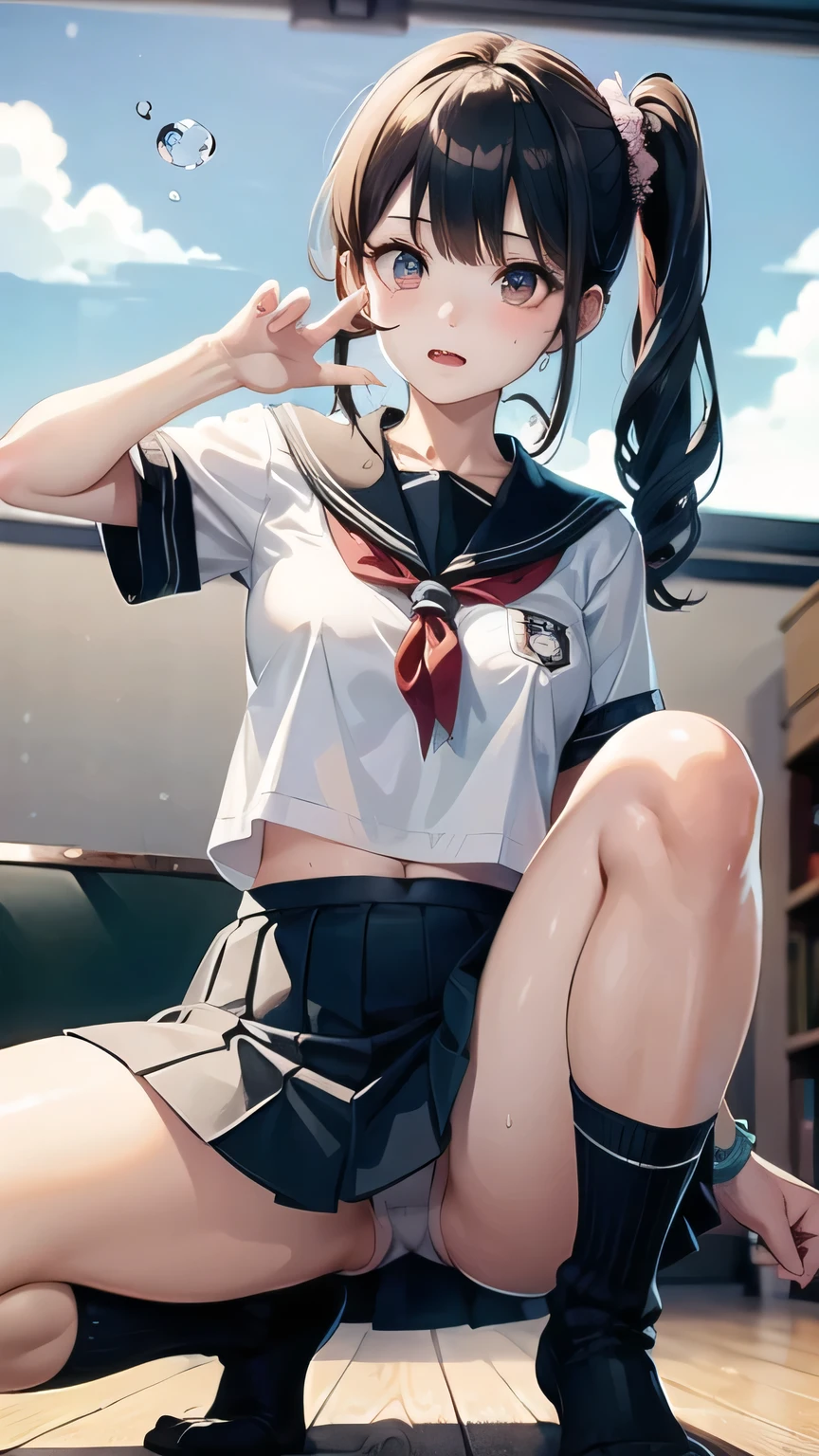 ((Highest quality,4K,Very detailed)),One Girl,age Girl,Japanese students,,((gal,コgal,bad)),Bronze colored hair,(Side Ponytail),Scrunchies on the wrist,Earrings,Brown Skin,Sunburned skin,(Japanese students服,Sailor suit,Navy blue sailor suit),(Short skirt,Pleated skirt),(Crouching posture,Camel Toe,Spread your legs),Sweat-proof skin,Sweat,Water Drop,Contemptuous gaze,((Shooting from below, look up)),(Staring at the photographer),(loose socks,White loose socks,Below-the-knee loose socks:1.3),classroom,School classroom