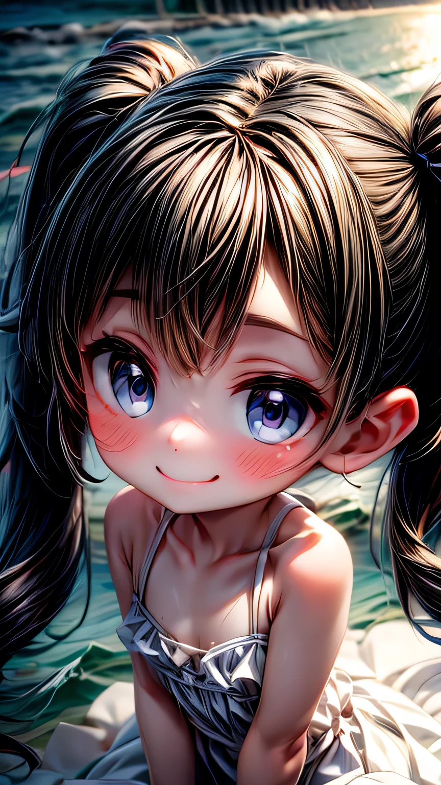 (((Face close-up))), 最high quality, masterpiece, , ,short, Huge breasts, Black Hair,Low twin tails, Black eyes, Yukinecris, Thin twin tails,, Beach, Ocean, White Dress, White Skirt, White dress, (((shy))), (Happy), Leaning forward, summer, From above, Reaching out, smile, masterpiece, 最high quality, high quality, High resolution､ ((smile)), smileで､((Random pose))､(((Face close-up)))