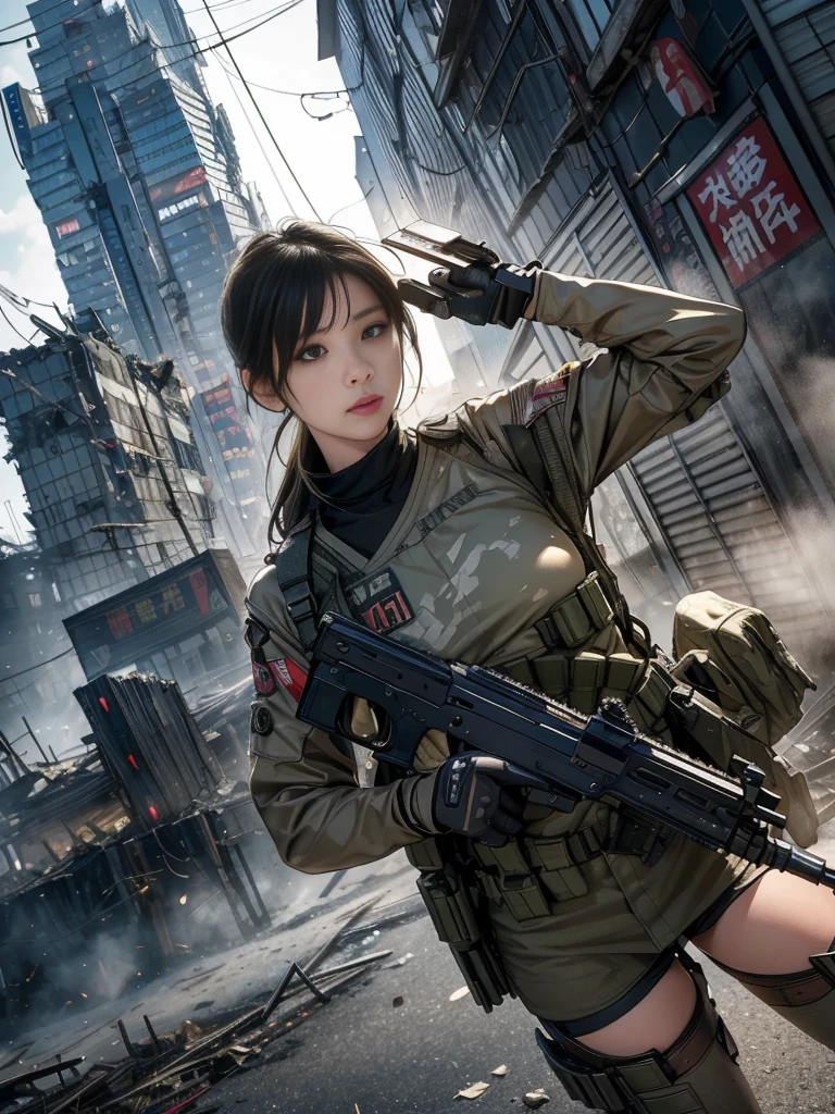 Standing strong amid the chaos of urban warfare、Extremely realistic detail of a Japanese girl in armor、A breathtaking photorealistic masterpiece。Framed in expansive 16k ultra-high resolution, this stunning image、Showing her ultimate cute face with delicate features and smooth ultimate RAW skin。Her eyes sparkle with determination as she holds her assault rifle against a backdrop of destruction.。The machine&#39;s armor glitters under the intense light.、Casts realistic shadows that make the image appear to jump out of the screen。The overall composition is a testament to Special Forces training.、A girl&#39;s entire body is on display in all its mechanized glory。