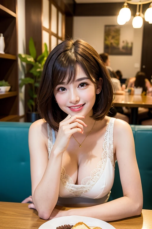 ((Highest quality)), ((masterpiece)), (Familiar), Perfect Face, masterpiece、Highest quality、High resolution、wallpaper、Realistic、Bright lighting、Professional Lighting、Face Light、Smooth lighting、Japanese women、20th Gen Midplate、so beautiful、Beautiful Skin、Beautiful and detailed、Familiar顔、slim、moderately、short hair、Brunette Hair、Brown eyes、Looking at the camera、Cafe sofa、 Commercial Photography, Beautiful Instagram Influencer Girls, The best smile,Daytime、Knitted dress、Cleavage cutout、Eating cake