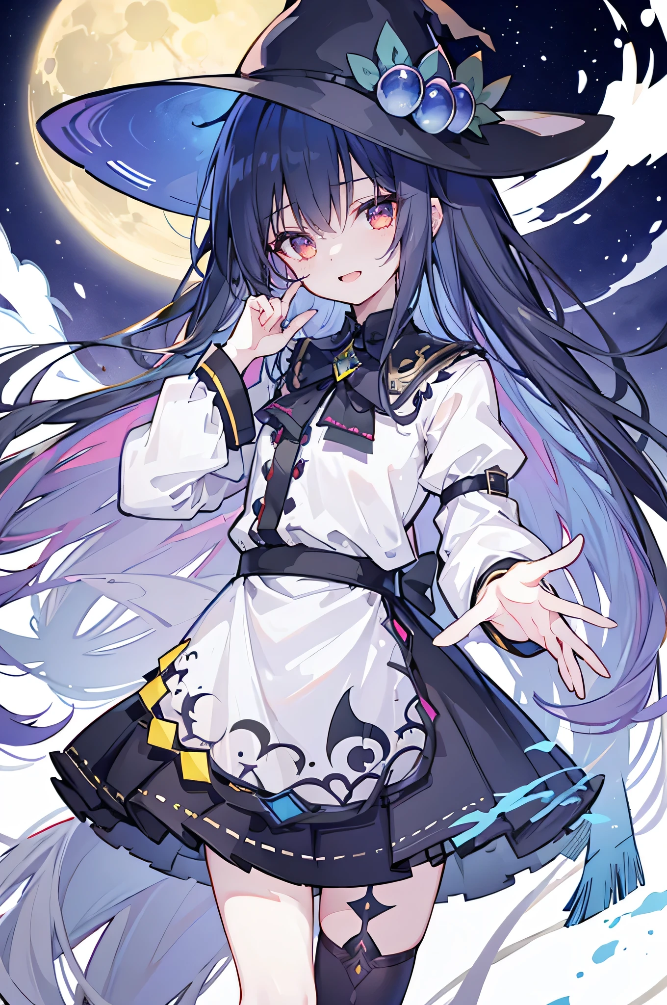 oung Girls,Humanity,A magician always smiles,big witch hat,cute,dark blue long hair,The eyes are dull,The bangs are heavy,Thin eyebrows,fantasy,intake,Double teeth,Star Theme,Constellation pattern,Solid color clothetal decoration,cloak,A bit of a dark atmosphere,A little crazy smile,When the big moon shines outside at night,blood,Hair black star embellishment,Short tie,No nails,High waist skirt,Bell sleeves,Long-sleeved shirt,Black tie,low risk,gentlemen。Mist、Yellow and white effect，Shocking pink as an accent color