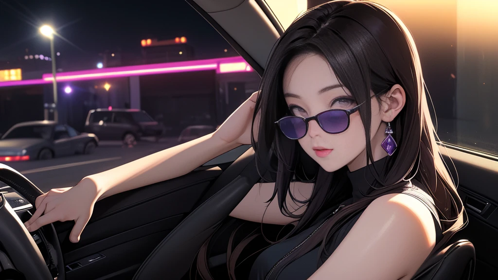 nightの埠頭, {{{nightのネオン}}}, super detailed skin, masterpiece:1.4, 8K resolution, ultra HD, symmetric eyes, Brown Hair、car、Inside the car、carのボンネットに座る女、Beautiful Asian girl with purple hair, city view from the window, Perfect Face, sunglasses, Sleeveless, Neon Black, (Backlight: 1.1), Hard Shadows, masterpiece, Highest quality, Complex, Model shooting style, Vintage, Film Grain, {{night}}, 超精巧なcar,