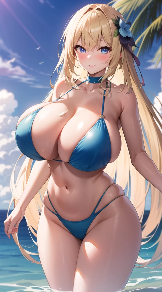 ((Colossal tits)) Big breasts Boobs (glowing blue eyes) Blonde White skin Long hair Bikini swimsuit Flower hair ornament (blush)