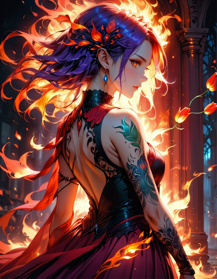 Arafed, Dark fantasy art, fantasy art, goth art, a picture of a tattoo of a tulip on the back of a female elf, a glowing tattoo of a ((tulip: 1.3)) on the elf's back, the ((tulip tattoo: 1.3)) is vivid, intricate detailed,  GlowingRunesAI_purple, ((fire surrounds the tulip: 1.5)), shot taken from the back, ((the back is visible: 1.3), she wears a transparent red dress, the dress is elegant, flowing, elven style, that the tattoos glow, dynamic hair color, dynamic hair style,  vibrant, Ultra-high resolution, High Contrast, (masterpiece:1.5),  highest quality, Best aesthetics, best details, best quality, highres, 16k, (ultra detailed: 1.5), masterpiece, best quality, (extremely detailed) RAW, (ultra details, Masterpiece, best quality) faize, Digital Painting, 