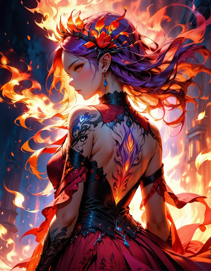 Arafed, Dark fantasy art, fantasy art, goth art, a picture of a tattoo of a tulip on the back of a female elf, a glowing tattoo of a ((tulip: 1.3)) on the elf's back, the ((tulip tattoo: 1.3)) is vivid, intricate detailed, GlowingRunesAI_purple, ((fire surrounds the tulip: 1.5)), shot taken from the back, ((the back is visible: 1.3), she wears a transparent red dress, the dress is elegant, flowing, elven style, that the tattoos glow, dynamic hair color, dynamic hair style, vibrant, Ultra-high resolution, High Contrast, (masterpiece:1.5), highest quality, Best aesthetics, best details, best quality, highres, 16k, (ultra detailed: 1.5), masterpiece, best quality, (extremely detailed) RAW, (ultra details, Masterpiece, best quality) faize, Digital Painting,