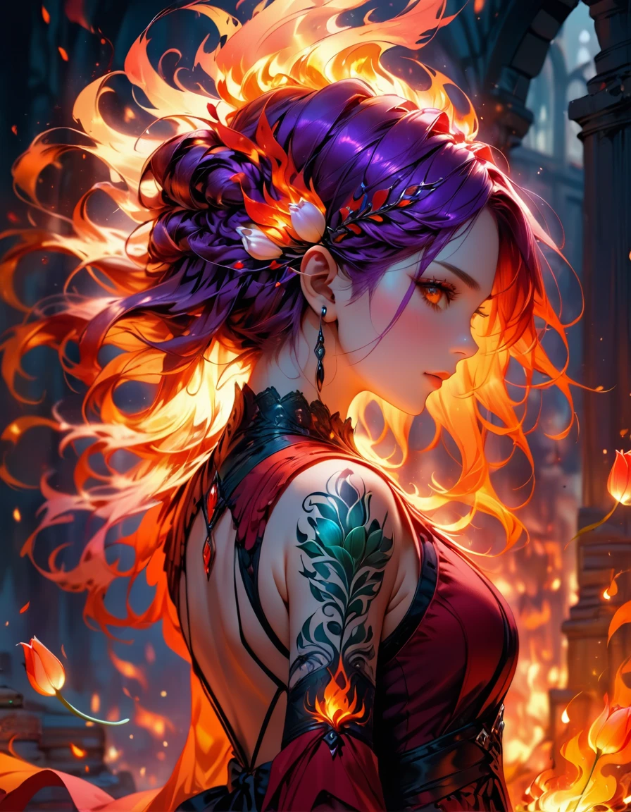 Arafed, Dark fantasy art, fantasy art, goth art, a picture of a tattoo of a tulip on the back of a female elf, a glowing tattoo of a ((tulip: 1.3)) on the elf's back, the ((tulip tattoo: 1.3)) is vivid, intricate detailed, GlowingRunesAI_purple, ((fire surrounds the tulip: 1.5)), shot taken from the back, ((the back is visible: 1.3), she wears a transparent red dress, the dress is elegant, flowing, elven style, that the tattoos glow, dynamic hair color, dynamic hair style, vibrant, Ultra-high resolution, High Contrast, (masterpiece:1.5), highest quality, Best aesthetics, best details, best quality, highres, 16k, (ultra detailed: 1.5), masterpiece, best quality, (extremely detailed) RAW, (ultra details, Masterpiece, best quality) faize, Digital Painting,