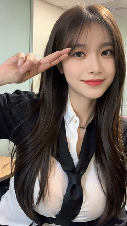 ((((1girl)))((best qualtiy, 8K, tmasterpiece:1.3)),((Sharp:1.2, perfect figure beautiful woman:1.4, Slim abs:1.2)), ((Layered Hair Style, huge tit:1.3)),((Highly detailed facial and skin texture,detailed eyes,Black eyes,double eyelids, droopy eyes)),(japan girl:1.5)(Brown Hair,Bob Cut)(Formal shirt:1.8),(in Office:1.3)Impish Smile(random pose), huge breasts, DIMPLES, SFW, BOKEH.)