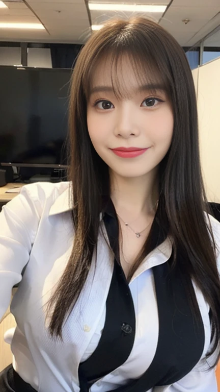 ((((1girl)))((best qualtiy, 8K, tmasterpiece:1.3)),((Sharp:1.2, perfect figure beautiful woman:1.4, Slim abs:1.2)), ((Layered Hair Style, huge tit:1.3)),((Highly detailed facial and skin texture,detailed eyes,Black eyes,double eyelids, droopy eyes)),(japan girl:1.5)(Brown Hair,Bob Cut)(Formal shirt:1.8),(in Office:1.3)Impish Smile(random pose), huge breasts, DIMPLES, SFW, BOKEH.)