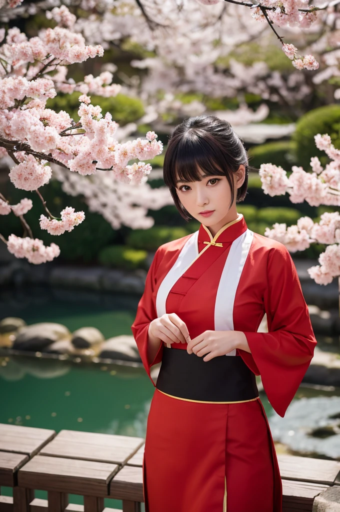 Traditional red one-piece cheongsam、A young Japanese woman with a very good figure and good posture、She has a refined and calm look.。Her hair is elegantly tied、A traditional Japanese garden spreads out in the background..。This scene is in photorealistic style.、Expressing color detail and vibrancy。Full body image