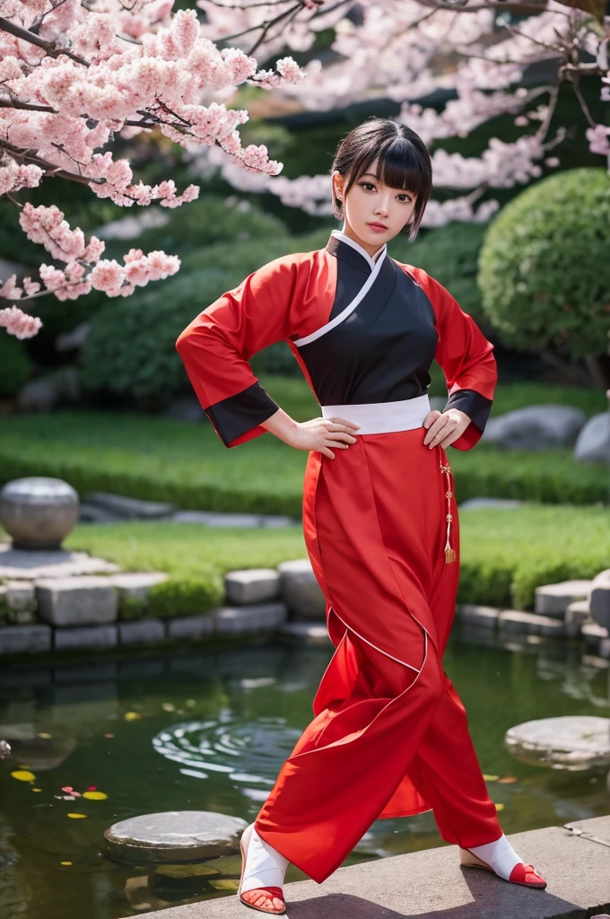 Top quality, A beautiful young woman with short hair, reminiscent of Ranma from the anime series. She is wearing a traditional Chinese martial arts outfit, standing in a dynamic pose with a confident and determined expression. Her outfit is a vibrant red with black accents, and she is set against a backdrop of a serene Japanese garden with a small pond and cherry blossom trees in full bloom. The overall scene combines elegance with a hint of martial prowess."
