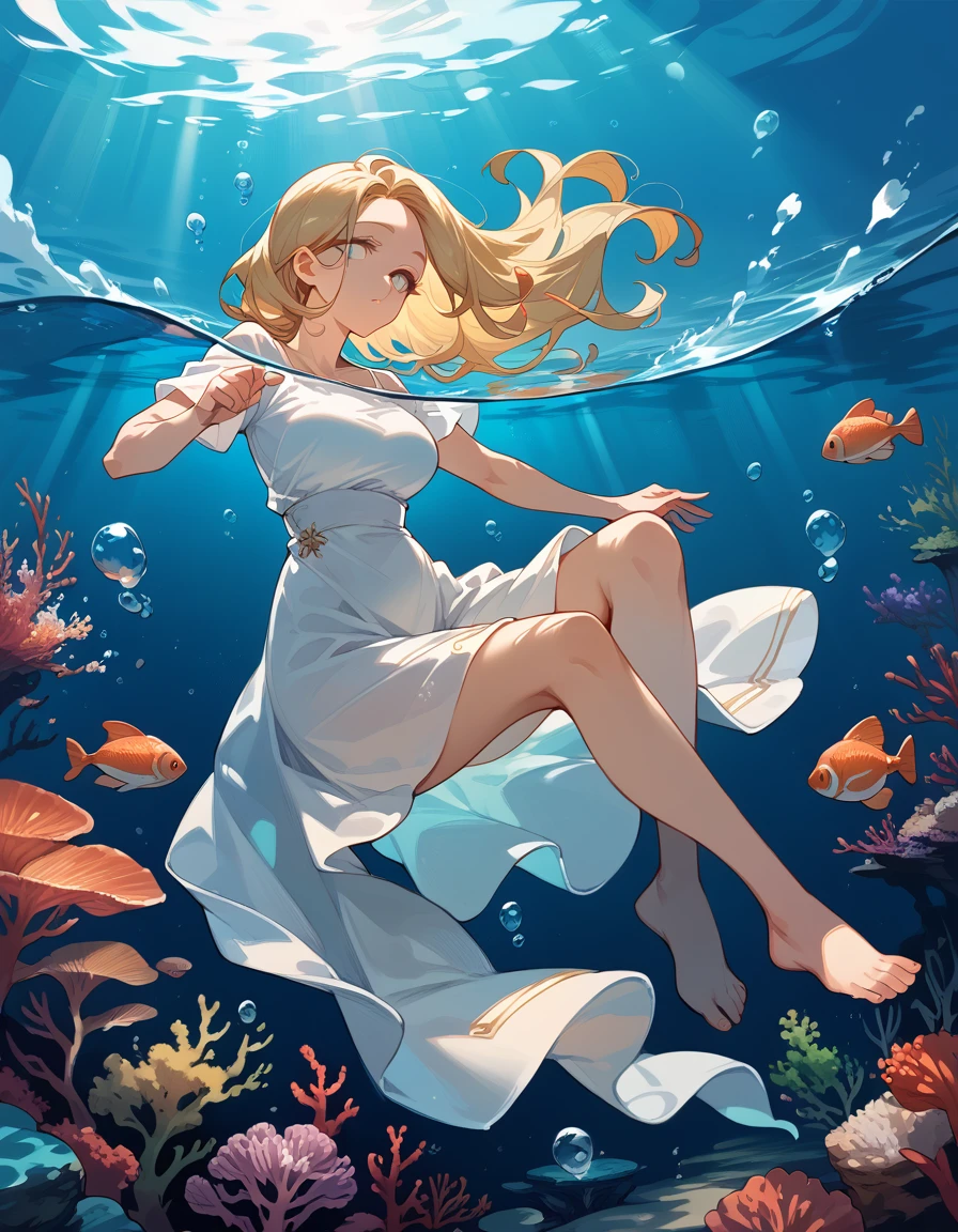 (score_9,score_8_up,score_7_up),1woman,solo,mature,big sister,middle age,adult woman, blonde hair, white eyes, floating under water, underwater sunlight, bioluminescence