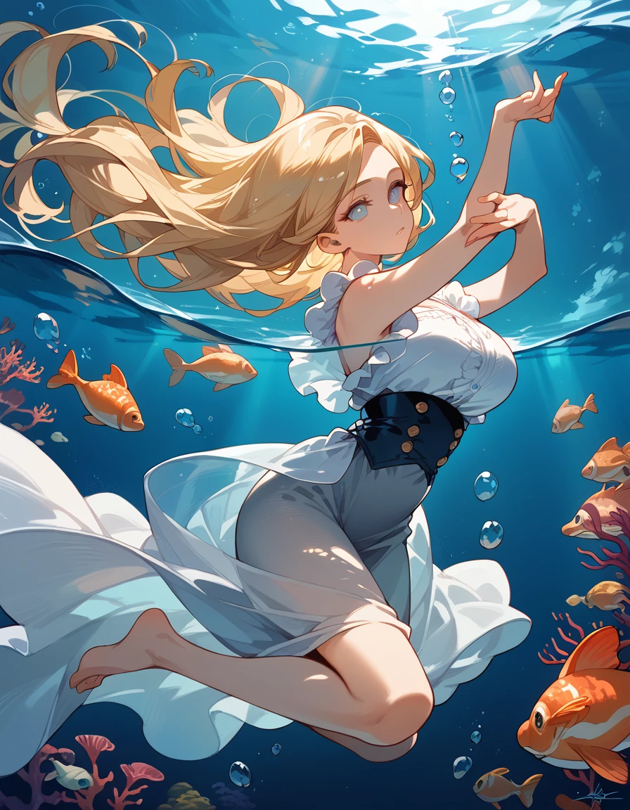 (score_9,score_8_up,score_7_up),1woman,solo,mature,big sister,middle age,adult woman, blonde hair, white eyes, floating under water, underwater sunlight, bioluminescence