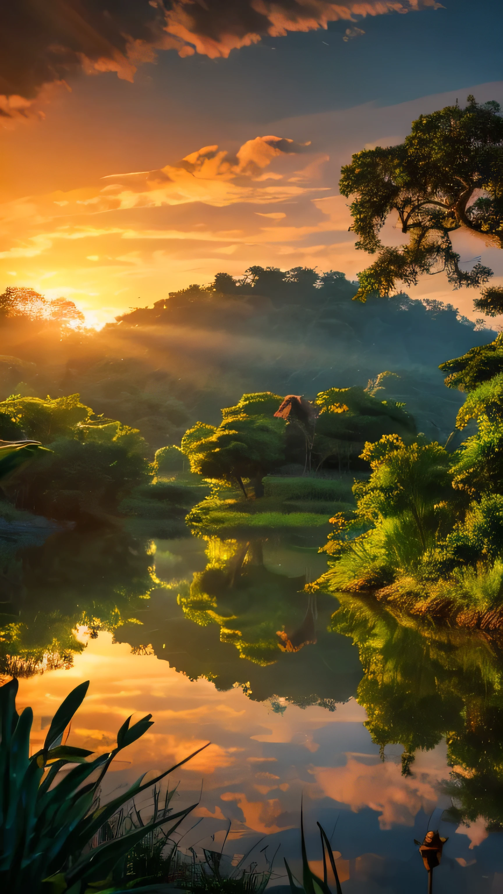 Depicting a mysterious river in the Amazon forest、Ultra-realistic and highly detailed beautiful masterpiece, With the setting sun, 