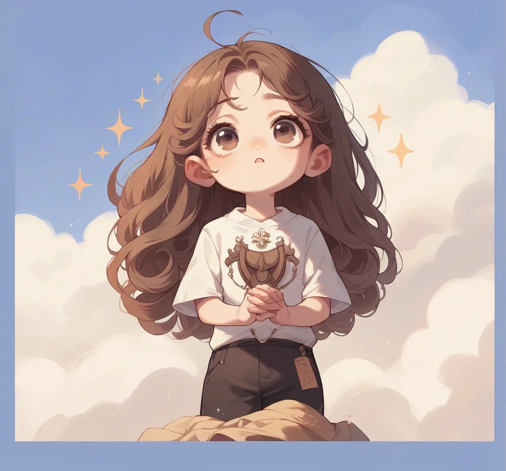 Please create a four-eyed girl with long dark curly hair,looking up at the sky,hands clasped in prayer