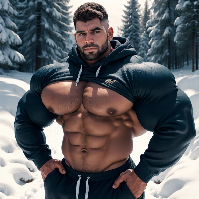 a very handsome man, mid fade haircut, wearing a blue sweatshirt, massively muscular, with massively large muscles, with massively large and muscular chest, arms and biceps, extremely muscular and defined body, covered in snow in a snowy forest