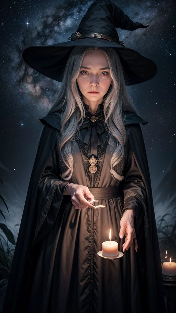 “A realistic depiction of an elderly witch in a dark blue robe and a pointed hat, floating in outer space. The witch is facing forward symmetrically, with long, wavy grey hair, a gentle expression, and holding a candle in front of her. The background features stars, planets, and cosmic elements, creating a magical and surreal atmosphere. The elderly witch appears to be weightless, as if she is floating among the stars. The image is in a 9:16 aspect ratio.”キラキラエフェクト, キラキラエフェクト,