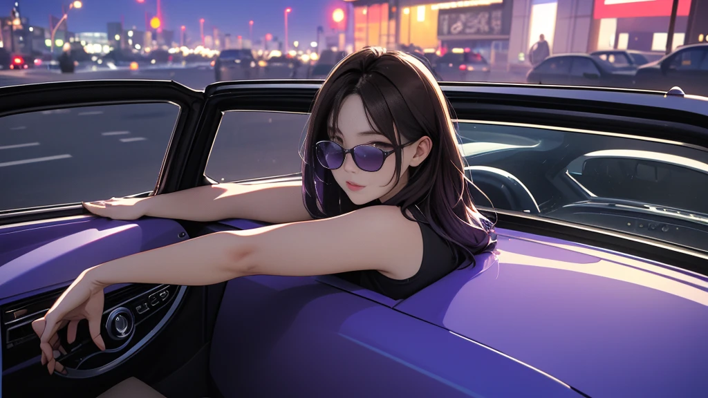 nightの埠頭, {{{nightのネオン}}}, super detailed skin, masterpiece:1.4,  8K resolution, ultra HD, symmetric eyes, Brown Hair、car、Inside the car、carのボンネットに座る女、Beautiful Asian girl with purple hair, city view from the window, Perfect Face, sunglasses, Sleeveless, Neon Black, (Backlight: 1.1), Hard Shadows, masterpiece, Highest quality, Complex, Model shooting style, Vintage, Film Grain,  {{night}},　超精巧なcar,