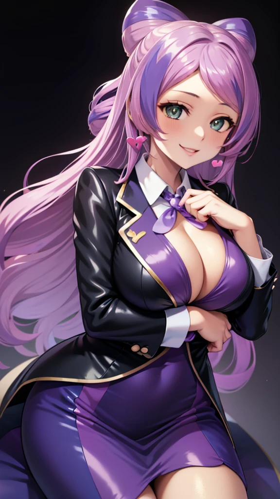 Erotic Pokemon Mimosa, tall, purple hair, curly hair, long hair, big breasts, mature married woman school uniform blazer Dress shirt Bedroom with hearts on a black background Dark theme Evil depravity Temptation Excitement Condescending smile Sexy pose Emphasis on upper body Looking up