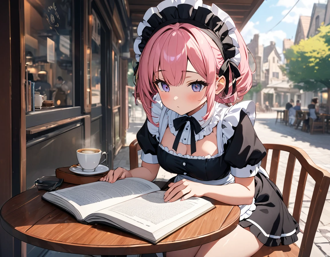 (((Best quality, 8k, Masterpiece: 1.3)), ((best quality)), ((masterpiece)), (detailed), perfect face, A maid girl with short pink hair, A maid costume with frills, high resolution, Textured skin, anime style, Reading on the open terrace of a cafe, a coffee cup is placed on a white round table, reading a cookbook, Legs crossed