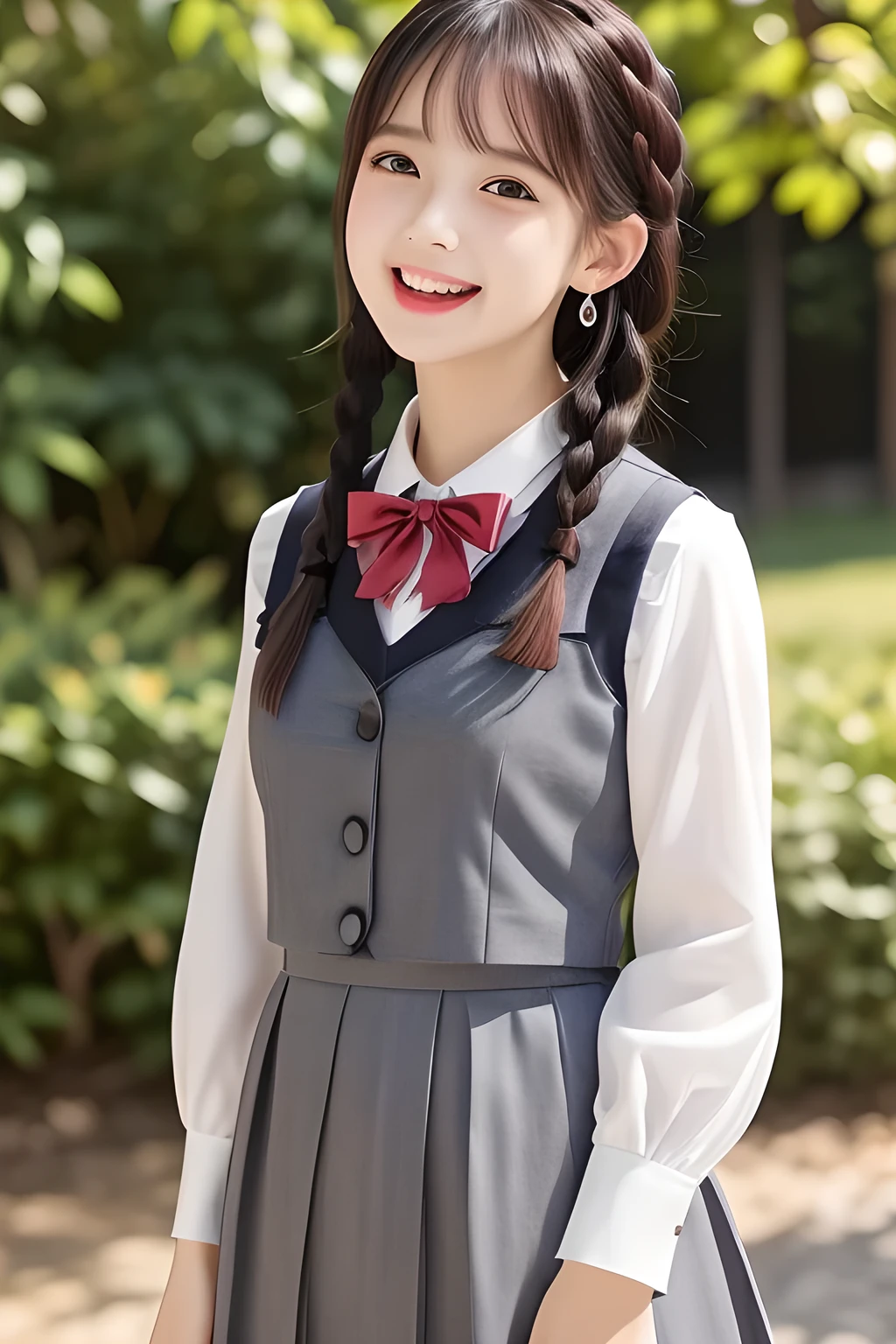 (highest quality, masterpiece, high resolution:1.2), 4K, (Photo quality detailed face: 1.2), (Giorgione painting style: 0.8), geometry, ( yo cute girly Japanese girl: 1.0), Laughing cutely, (neat girly white short-sleeves school blouse: 1.0), (puffed sleeves), (Dark red glossy school ribbon on the breast: 1.0), (Gray Japanese school girly vest Uniform: 1.2), (Laughing cheeks: 1.0), (Beautiful light-amber-cute-girly large clear eyes with detailed cutely: 1.2), (Long bottom eyelashes: 1.0), (Expressing the greatest joy with her whole body: 1.5), (Glossy lips: 1.0), (braids under her ears: 1.0), (cute earrings), (Inviting me into the heaven: 1.0), (white and clear skin: 1.0), (Laughing dolly French 8yo girl's eyes: 0.5)