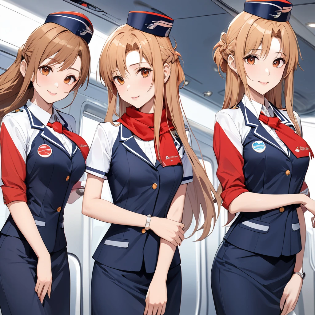 ((Highest quality)), ((masterpiece)), (detailed), （Perfect Face）、The woman is Yuuki Asuna, a flight attendant for Shandong Airlines, a Chinese woman with light brown, medium-long hair.、The woman is wearing a red Shandong Airlines flight attendant uniform, a uniform scarf and a uniform hat.、A beautiful Chinese flight attendant dressed in the typical Chinese bright red uniform、Flight attendants were photographed gathering in a line.