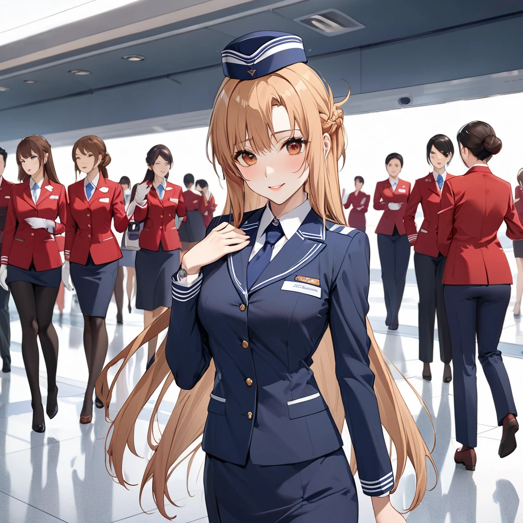 ((Highest quality)), ((masterpiece)), (detailed), (Perfect Face)、The woman is Yuuki Asuna, a flight attendant for Shandong Airlines, a Chinese woman with light brown, medium-long hair.、The woman is wearing a red Shandong Airlines flight attendant uniform, a uniform scarf and a uniform hat.、A beautiful Chinese flight attendant dressed in the typical Chinese bright red uniform、Flight attendants were photographed gathering in a line.