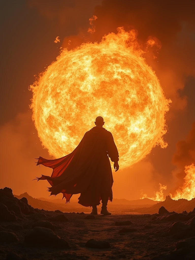 A formidable mage, garbed in flowing, ember-glowing robes, stands at the center of a desolate, scorched battlefield. The mage channels a blazing fireball, its searing flames illuminating the dark, smoke-filled air with intense, flickering light. The scene is charged with a fierce, elemental energy and a sense of impending destruction. Rendered in a Photographic style with a 135mm lens, capturing the fiery explosion’s vivid details and dramatic contrasts.
