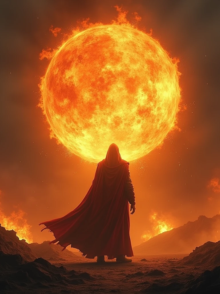 A formidable mage, garbed in flowing, ember-glowing robes, stands at the center of a desolate, scorched battlefield. The mage channels a blazing fireball, its searing flames illuminating the dark, smoke-filled air with intense, flickering light. The scene is charged with a fierce, elemental energy and a sense of impending destruction. Rendered in a Photographic style with a 135mm lens, capturing the fiery explosion’s vivid details and dramatic contrasts.
