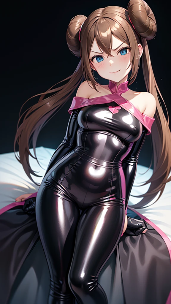 Erotic、tall、Pokemon　May「Rose」、Brown hair twin tails bun、Shiny latex rubber suit、Off the shoulder、　Pink line、Evil female executive、sexy、Evil smirk face、tall、adult、lure、Alluring、Pitch black background、Dark bedroom at night