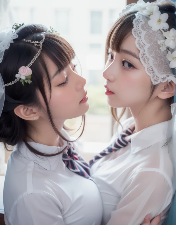 8k,masterpiece,Japanese,best quality, two cute (girls:1.1), kiss